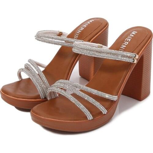 MAIERNISI Women Fashion High Heels Slipper Sexy Peep Toe Hollow Out Crystals Party Shoes Woman Summer Slip on Beach Flip Flops