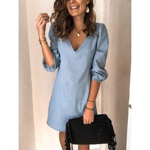 2021 Autumn Elegant Three Quarter Sleeve Jean Mini Dress Casual V Neck Denim Party Dress Women Fashion Simple Dress
