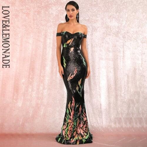 LOVE & LEMONADE Sexy Tube Top Black Positioning Pattern Sequins Slimming Fishtail Shape Maxi Dress LM81343-3
