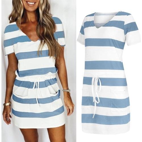 Summer New Striped womens V-neck Drawstring Short Sleeve Dress Casual Short Sleeve Sexy Ladies Pocket Patchwork Dresses
