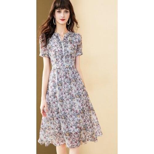 Women Summer Flower Printed Chiffon Dress Ladies Fashion V-neck Ruffle OL Work Dress Elegant Knee-Length Dress Midi 2021