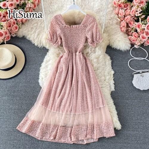 2021 summer new women square collar ruffles flower print chiffon with gauze A-line dress female Chic elegant waist mesh dresses