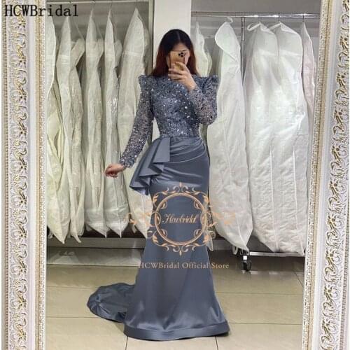 Glitter Beads Grey Mermaid Arabic Evening Dress Long Sleeves Sweep Train 2021 Stunning Women Formal Occasion Party Gowns