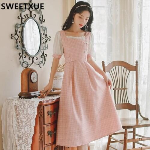 SWEETXUE Womens Summer 2021 French Vintage Elegant Sweet Square Neck Plaid Patchwork Holiday Chic Dress Female Vestidos Mujer