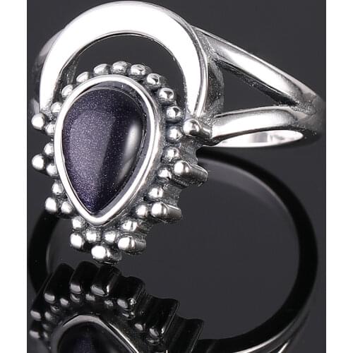 925 Sterling Silver Ring Vintage Jewelry Finger Rings For Women 7x9MM Water Drop Blue Sandstone Wedding Anniversary Party Gifts