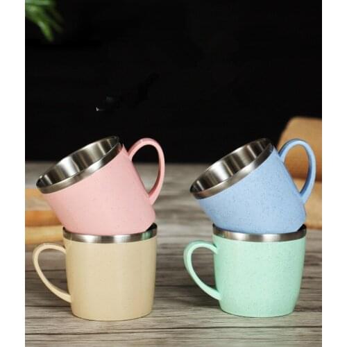 1PC Wheat Straw Cup with Handgrip Stainless Steel Inner Children Water Cup Mug for Tea Milk Eco-friendly Drinkware PK 006