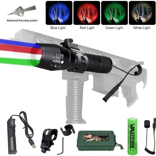 4in1 A100 Tactical LED Flashlight Red/Green/Blue/White light Torch Hunting Fishing Light+18650 Battery+Rifle Scope Mount+Switch