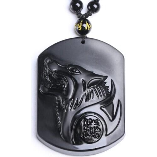 Black Obsidian Carving Wolf Head Obdidian Amulet pendant Jade Pendant necklace obsidian Blessing Lucky pendant Jade Jewelry