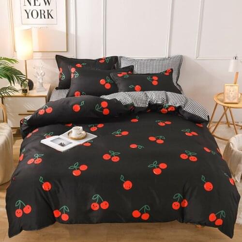 Black Duvet Cover Set 220x240 Pillowcase 3Pcs，200x200 Quilt Cover，Queen King Size,Red Cherry Pattern Bedding Set, Bed Sheet