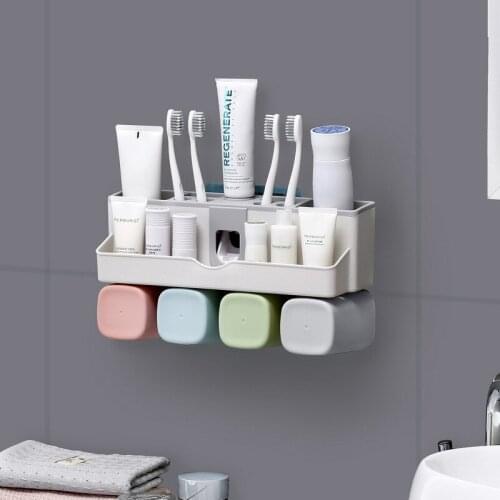 Toothbrush Holder Rack Mouthwash Cup Family Set Brushing Cup Holder with Hair Dryer Rack with Squeezing Toothpaste