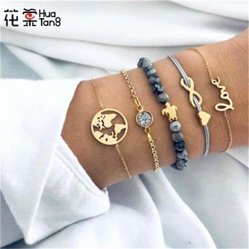 HuaTang Boho Bracelet Bangles for Women Gold Map Turtle Crystal Heart Chain Beaded Bracelets Bangle Set Jewelry Pulseira 6536