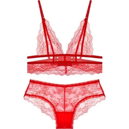 Wriufred Lace sexy ultra-thin underwear set no steel ring no sponge women lingerie see-through temptation bra panties set