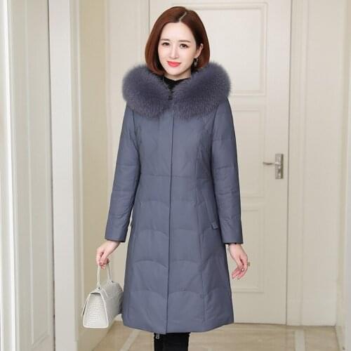 Fox Fur Collar Hooded 90% White Duck Down Womens Down Jackets Genuine Sheepskin Leather Coat Female Doudoune Femme Zjt2145