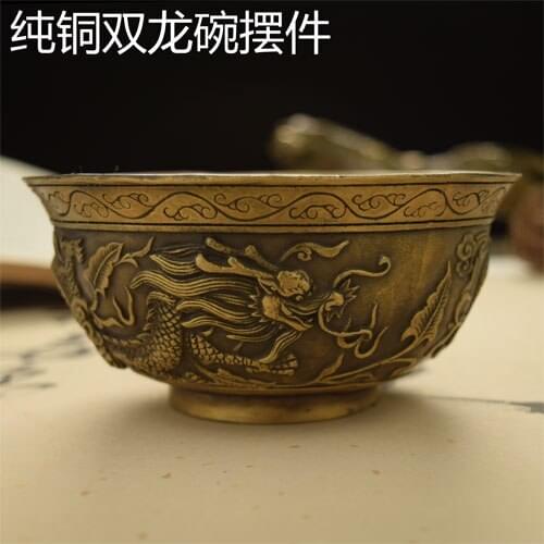 Copper brass bowl bowl Shuanglong copper bowl dragon ornaments Zhaocai copper dragon bowl of feng shui home furnishingsroom