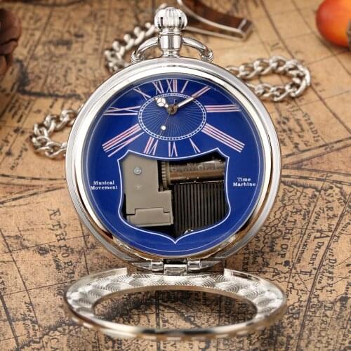 Fashion Blue Steampunk Luminous Surface Musical Movement Pocket Watch FOB Chain Hand Crank Playing Music Unique Quartz Watch
