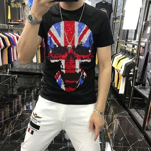 British Style Mens t-Shirt 2021 New Printed Pattern Sweatshirt Hot Diamond Skull All-Match Popular Cotton Round Neck Top