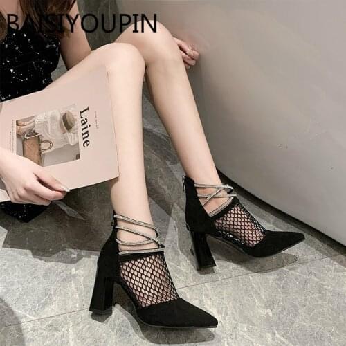 Summer new sandals sexy pointed high heels exquisite women wild mesh womens shoes Solid Square heel Fashion blingbling Slip-On