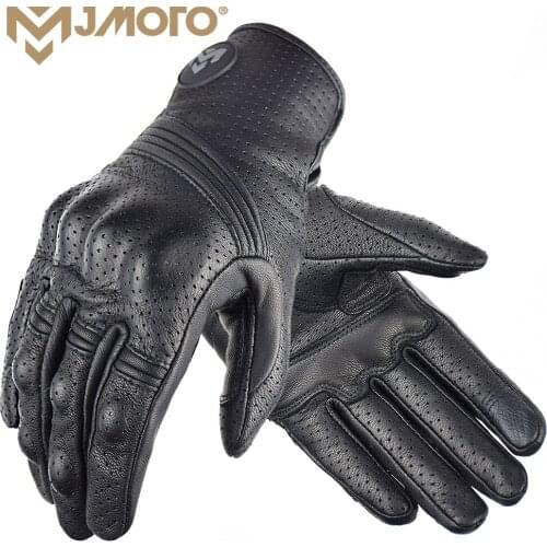 Classic Genuine Leather Motorcycle Gloves Perforated Breathable Motorbike Full Finger Glove Retro Moto Biker Touchscreen Glove