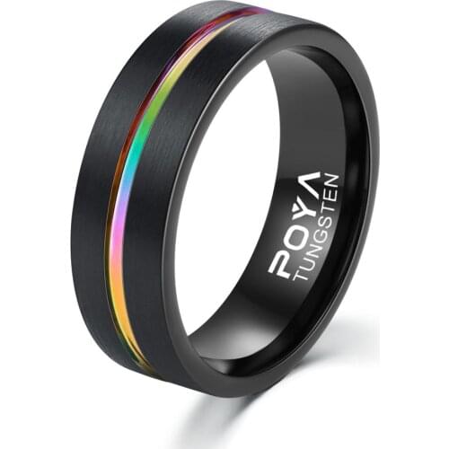 POYA 8 mm Black Plated Tungsten Rainbow LGBT Pride Ring for Lesbian & Gay Wedding Engagement Bands