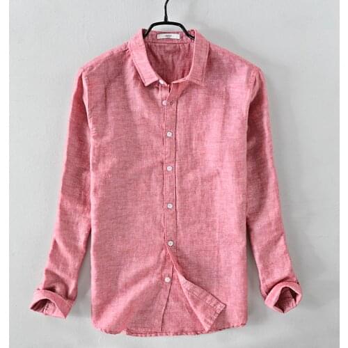 New brand long-sleeved linen shirt men solid coral red shirt mens spring autumn solid cotton shirts male designer chemise homme