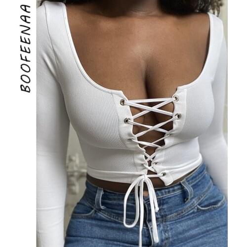 BOOFEENAA Sexy Hollow Out Lace Up Long Sleeve Crop Top White Ribbed Knitted Fitted T Shirts for Women Fall 2020 C85-BZ17
