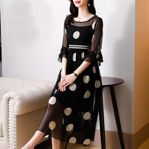 Black Dot Print Chiffon Sexy Beach Midi Dress 2021 Summer Vintage 5XL Plus Size Mulberry Silk Dress Women Elegant Party Vestidos