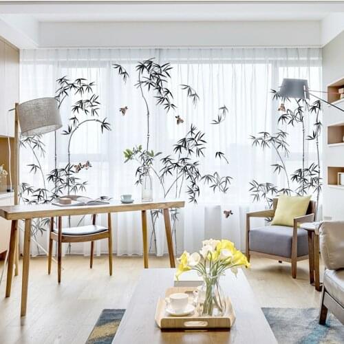 Modern Style Bamboo Printing Curtains Window Tulle Net Curtain Living Room Home Decoration Chiffon Curtains