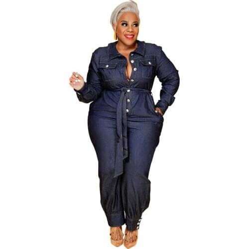 Blue Denim Trousers Long-Sleeved Denim Jumpsuit Casual African Womens 2021 Autumn New Loose Button Lapel Fashion Slim Jumpsuit