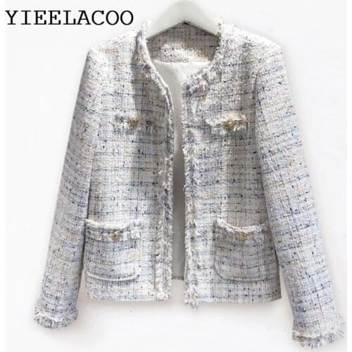 Light blue tweed jacket spring /autumn winter jacket One-piece Womens clothing classic jacket Ladies new womens jacket
