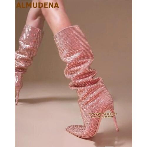 ALMUDENA Bling Bling Crystal Knee High Boots Thin High Heel Pointy Toe Rhinestone Slouchy Tall Boots Pink Red Blue Shining Shoes