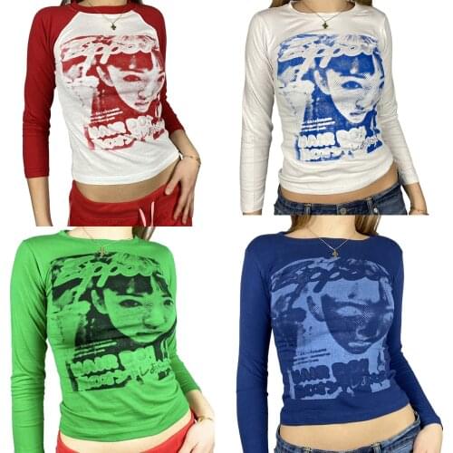 Women Long-sleeved T-shirt for Female Head Pattern, Street Style Skinny Fit Sexy Navel Ladies Clothing
