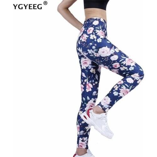 YGYEEG Women Pants Sports Running Sportswear Stretchy Fitness Leggings Gym Navy Pink Flowers Pattern Printing Tights Clothes