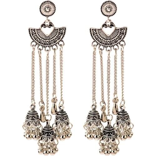 Gypsy Jewelry Indian Jhumka Long Small Bell Long Tassel Earrings Antique Gold Silver Color Drop Earrings Afghan Turk Brincos