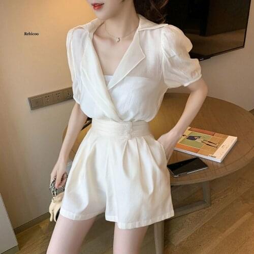 Women Two Pieces Set Fashion Suit Ladies V Neck Casual Chiffon Blouse Tops + High Waist Wide Leg Shorts New Summer