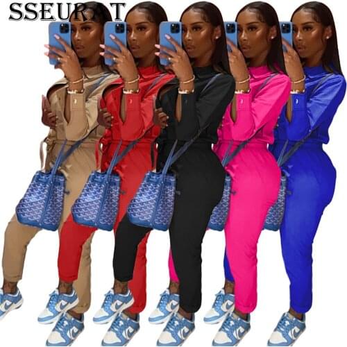 SSEURAT Women Turn Down Collar Zipper Jumpsuit Solid Elegant OL Workwear Long Sleeve Regular Overalls