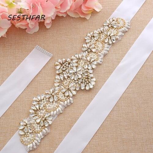 SESTHFAR Pearls Wedding Belt Crystal Bridal Sash Gold Diamond Belt Hand Beaded Rhinestones Belt For Wedding Dress
