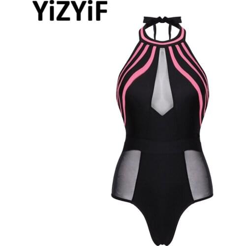 Women Sexy Swimsuit Bodysuit Mesh Patchwork Swimwear Halter Neck Sleeveless Backless Bathing Suit Summer Swimming Beach Wear
