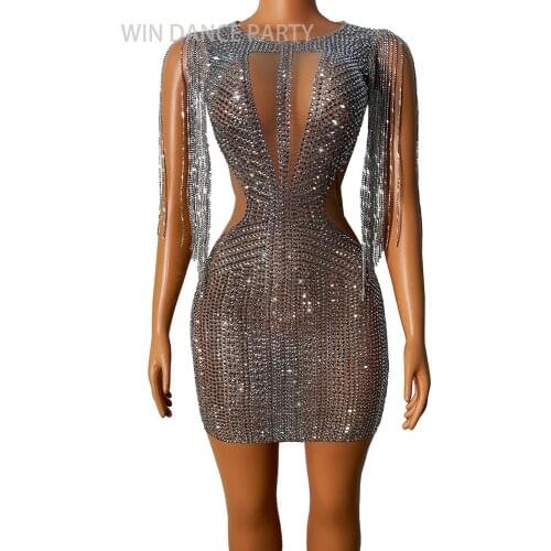 Nightclub Sparkly Silver Rhinestones Fringe Dress Women Birthday Celebrate Prom Crystal Stones Skinny Dress Singer Dance Costume
