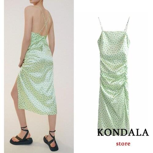 KONDALA Za 2021 Sexy Summer Backless Pleated Midi Dress Side Split Vintage Dot Print Sleeveless Dress Elegant Mujer Vestidos