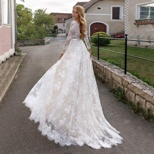 Long sleeve Wedding Dress 2020 Full Lace Bohemian V Neck A Line Satin Bridal Gowns Vestidos De Noiva Fast Free Shipping