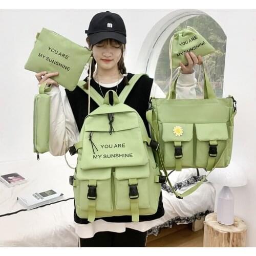 5Piece Set Kawaii Schoolbags for Teenage Girls Women Backpack 2021 Canvas Travel Back pack Student notebook Bookbags Schoolbag