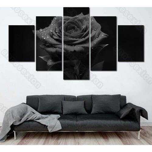 5 Pieces Hd Printed Canvas Painting Poster Black Rose with Some Drops of Water for Living Rooms Bedroom Gallery Wall Decoration