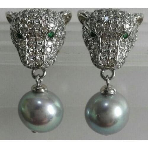 Free Shipping 9-10mm a pair of natural south seas gray pearl earrings leopard