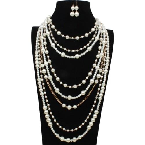 Elegant Womens Jewelry Sets Multi Layer Gold Color Chain Imitation Pearls Pendants Choker Long Pearl Necklace and Earrings Sets