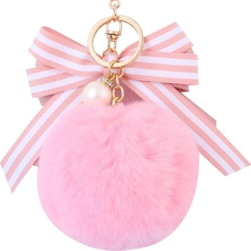 Factory main product bow button hair bands cute fur ball pom poms europe style hair ball keychain, promotion gift metal keychain