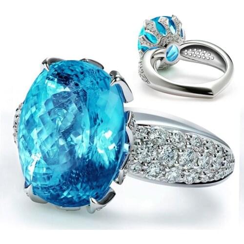 Valentines Day Exquisite Luxury Ring Inlaid Blue Oval Zircon Glamour Gift Woman Fashion Party Creative Jewelry Wholesale