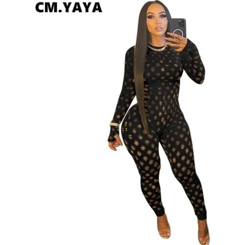 CM.YAYA Women Jumpsuit Solid Full Sleeve O-neck Back Zip Stretchy Bodycon Jumpsuits Casual Fashion One Piece Overalls Summer