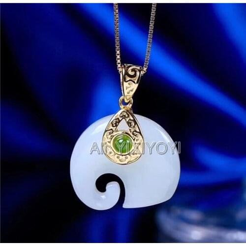 Beautiful Real 925 Silver White Green HeTian Jade Cute Elephant Style Lucky Pendant + Free Necklace Fine Jewelry Certificate
