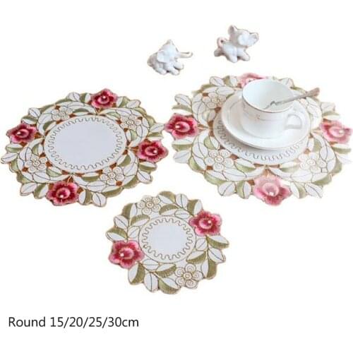 Modern round satin table place mat cloth lace embroidered pad cup mug tea coaster wedding dining drink placemat doily kitchen