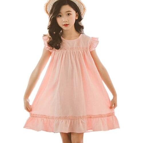 Summer girl ruffle dress teens kids cotton linen vintage dresses big girls loose princess party frocks girls vestidos age 3-14